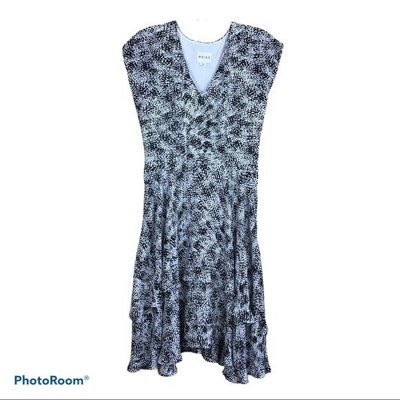 REISS CANYON BLACK & WHITE PRINT DOUBLE LAYERED FRILL DRESS Sz. 2 - Picture 4 of 11